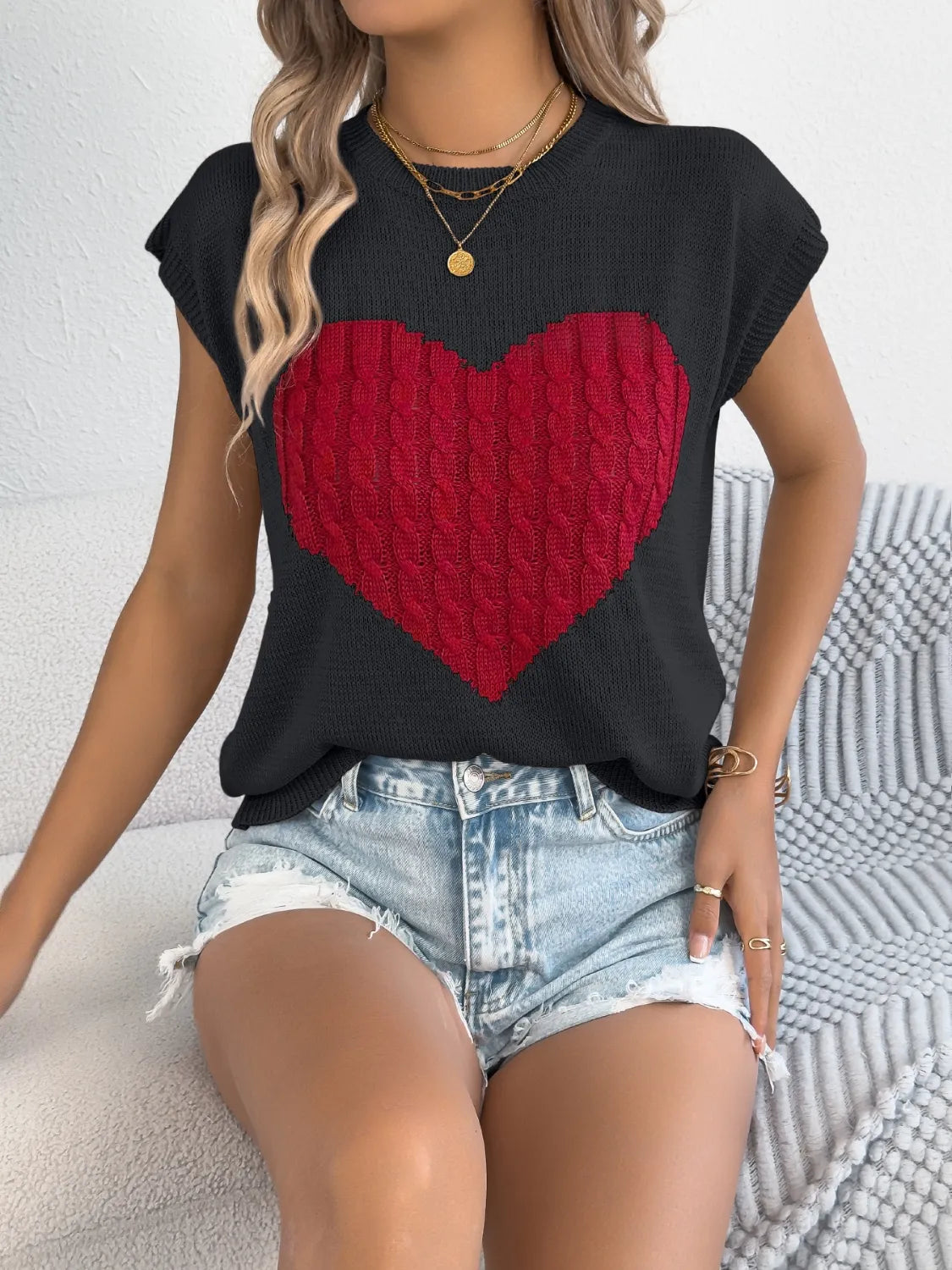 Cable Knit Heart Round Neck Cap Sleeve Knit Top Black