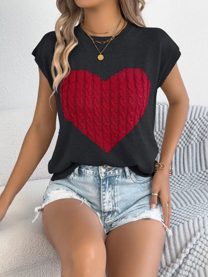 Cable Knit Heart Round Neck Cap Sleeve Knit Top Black