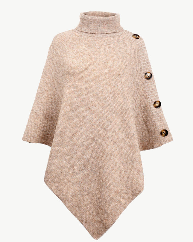 Turtleneck Buttoned Poncho Tan One Size
