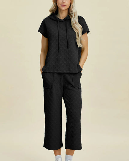 Double Take Full Size Texture Drawstring Short Sleeve Hoodie and Pocketed Pants Set Black
