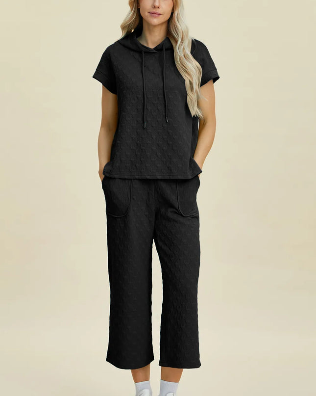 Double Take Full Size Texture Drawstring Short Sleeve Hoodie and Pocketed Pants Set Black