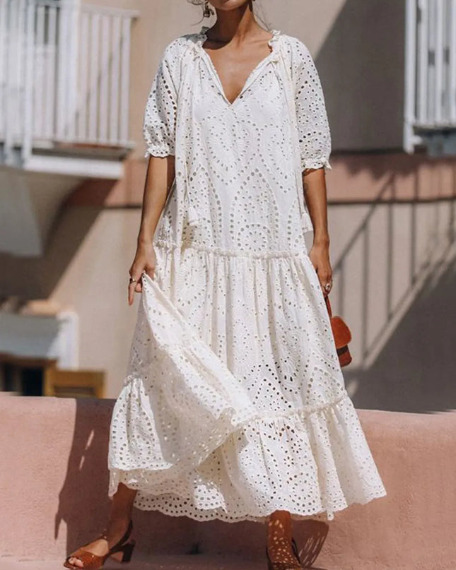 Tie Neck Half Sleeve Tiered Dress 