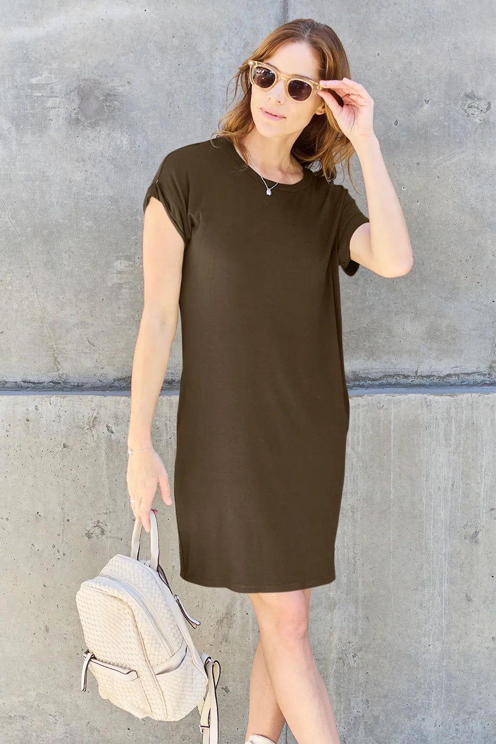 Basic Bae Full Size Round Neck Short Sleeve Dress with Pockets Mocha