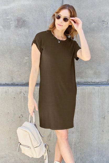 Basic Bae Full Size Round Neck Short Sleeve Dress with Pockets Mocha