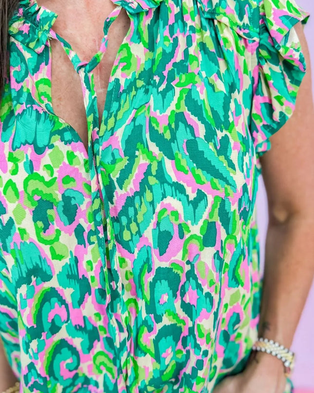 Abstract Print Ruffled Trim Tie Neck Top