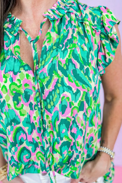Abstract Print Ruffled Trim Tie Neck Top