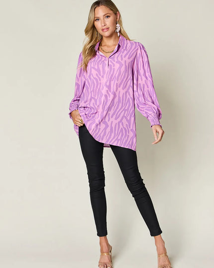 Double Take Full Size Printed Smocked Long Sleeve Blouse Plus Size