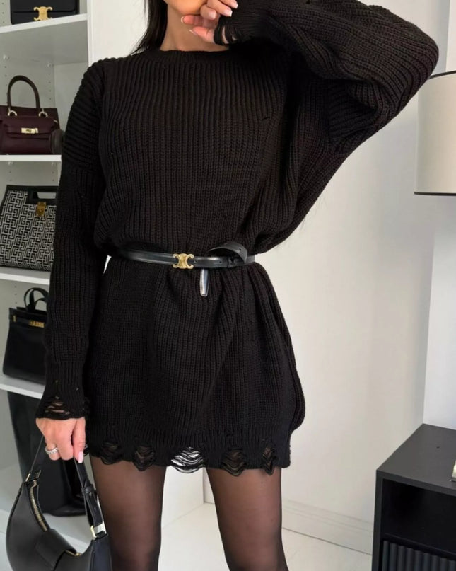 Distressed Round Neck Drop Shoulder Sweater Dress