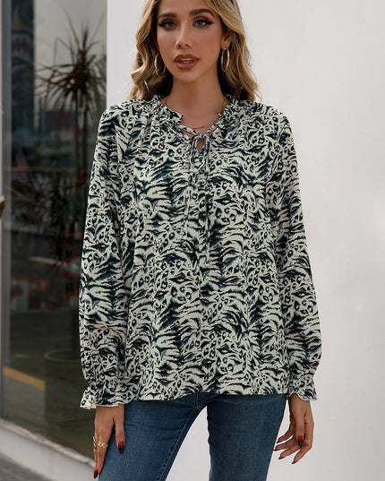 Ivy Lane Printed Tie Neck Frill Trim Flounce Sleeve Blouse