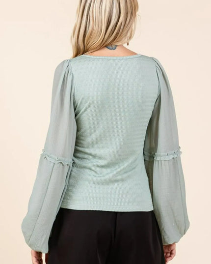 Mittoshop Mixed Media Textured Knit Chiffon Long Sleeve Top 