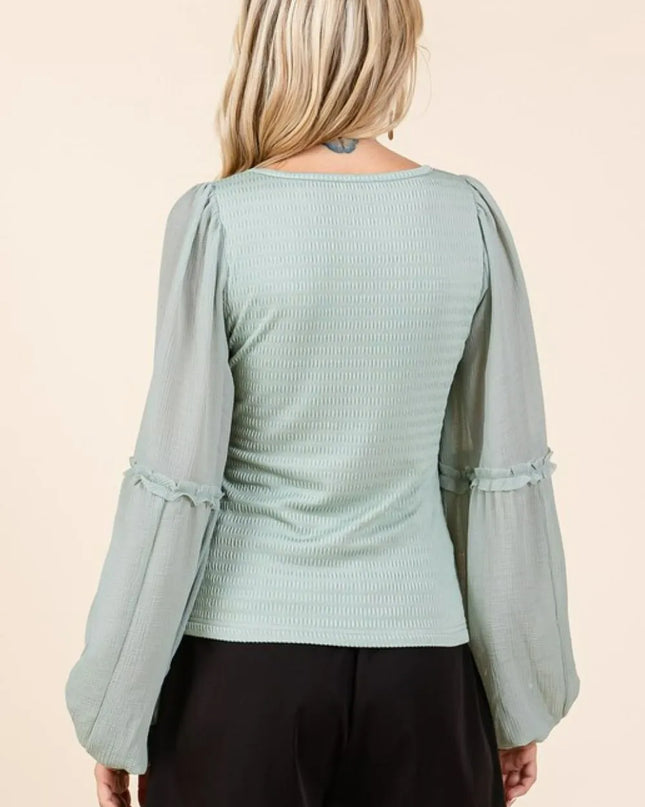 Mittoshop Mixed Media Textured Knit Chiffon Long Sleeve Top 