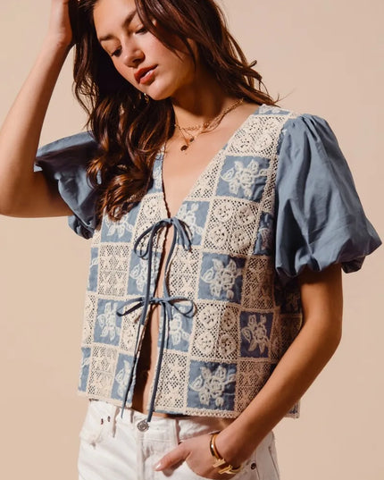SO ME Crochet Lace Tie Front V Neck Blouse Top