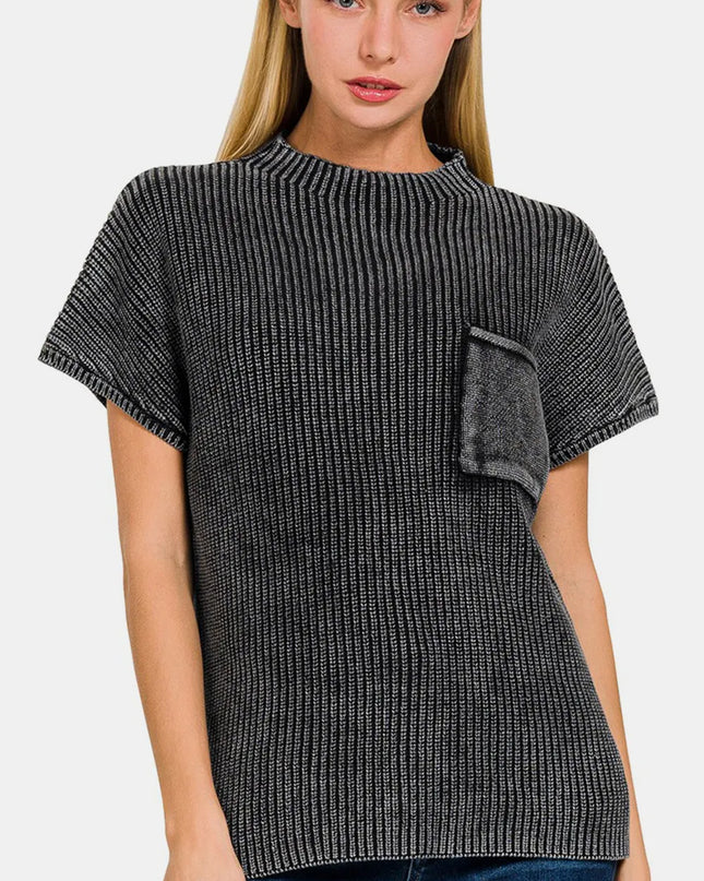 Zenana Pocketed Mock Neck Short Sleeve Sweater BLACK