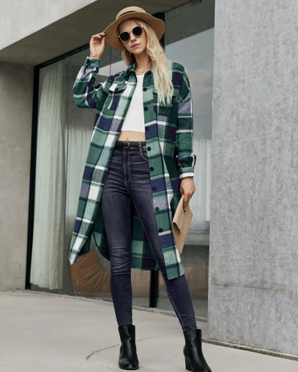 Plaid Pocketed Button Up Trench Coat 
