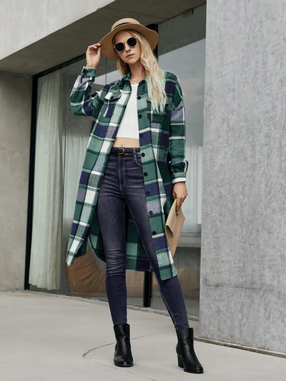 Plaid Pocketed Button Up Trench Coat Turquoise