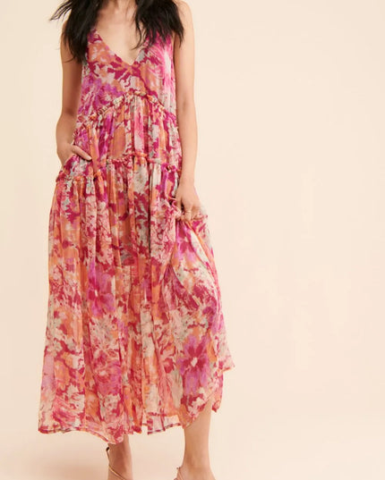 Frill Printed V-Neck Midi Dress