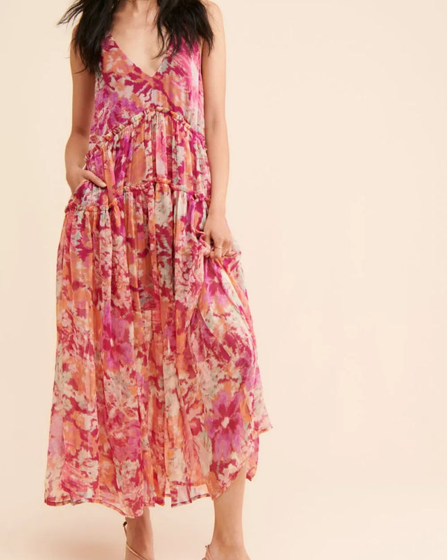 Frill Printed V-Neck Midi Dress