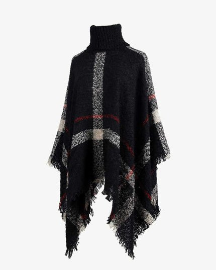 Plaid Turtleneck Raw Hem Poncho