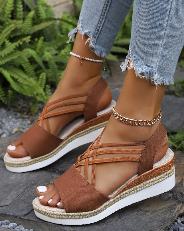 Cross-Strap Platform Wedge Sandals with Ankle Strap 