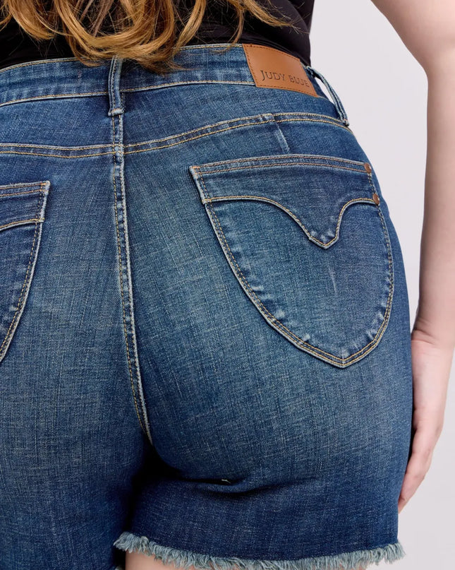 Judy Blue Tummy Control Fray Hem & Shield Back Pockets Denim Shorts