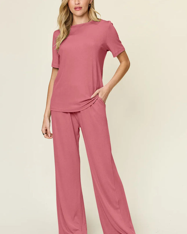Double Take Full Size Round Neck Short Sleeve T-Shirt and Wide Leg Pants Set Coral