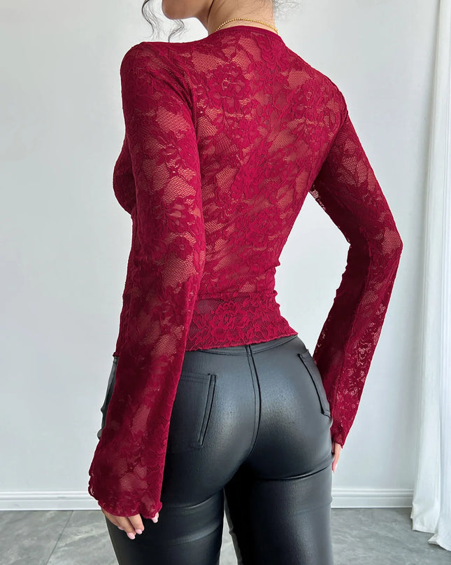 Lace Deep V-Neck Long Sleeve T-Shirt
