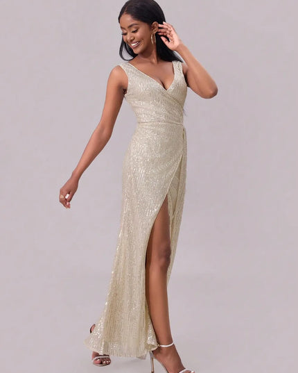 Slit Sequin Surplice Sleeveless Maxi Dress 