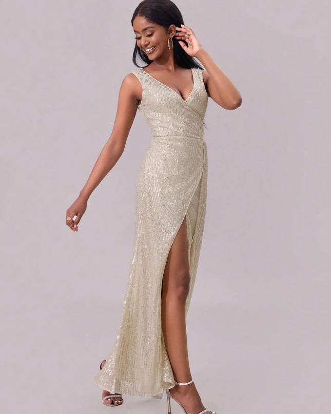 Slit Sequin Surplice Sleeveless Maxi Dress 