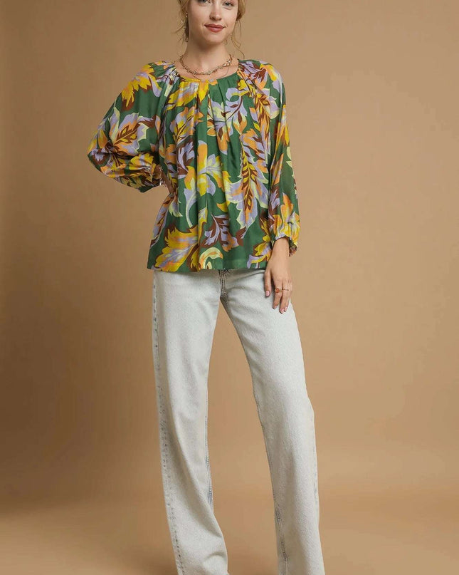 Umgee Mix Abstract Print Balloon Sleeve Blouse