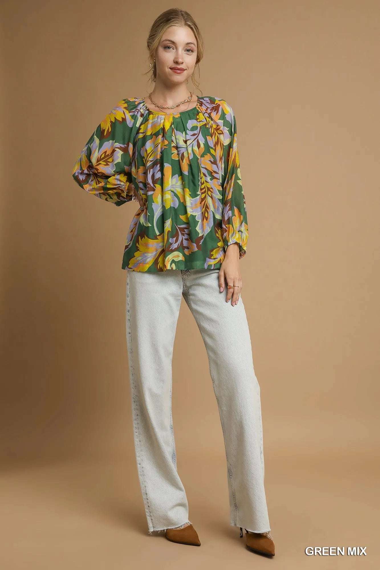 Umgee Mix Abstract Print Balloon Sleeve Blouse