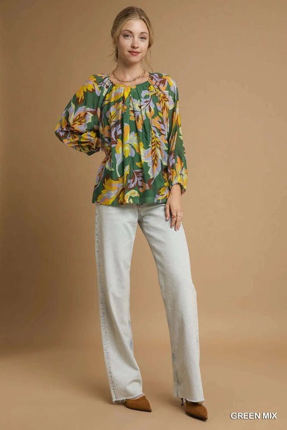 Umgee Mix Abstract Print Balloon Sleeve Blouse