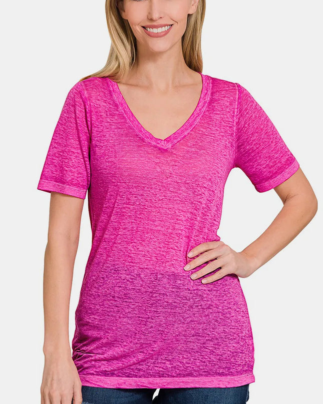 Zenana V-Neck Short Sleeve T-Shirt HOT PINK