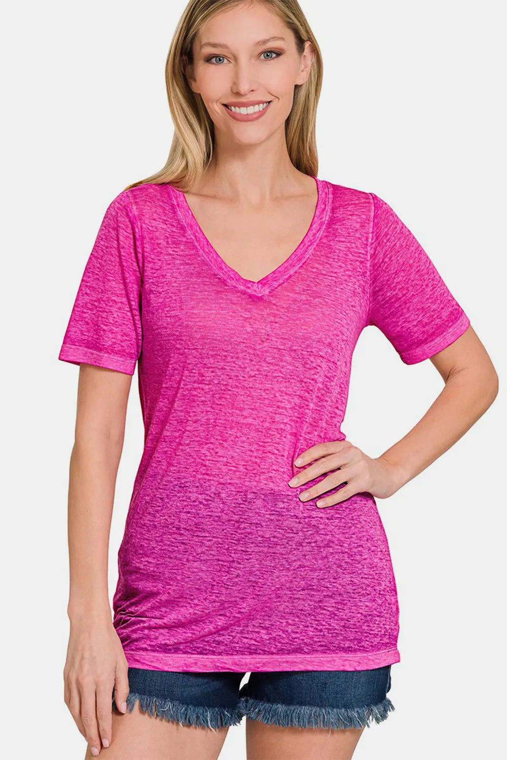 Zenana V-Neck Short Sleeve T-Shirt HOT PINK