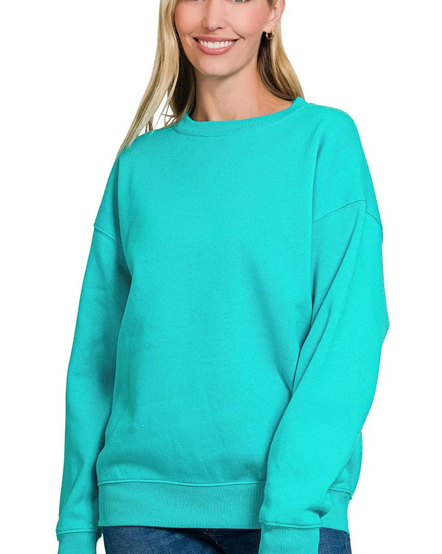 Zenana Fleece Crewneck Long Sleeve Sweatshirt TURQUOISE