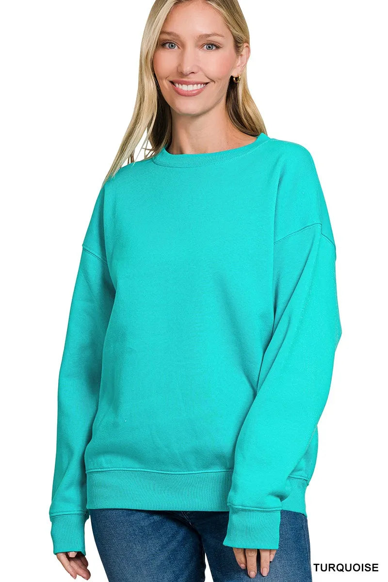 Zenana Fleece Crewneck Long Sleeve Sweatshirt TURQUOISE