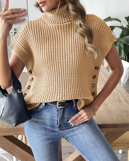 Turtleneck Side Decor Button Sweater Vest