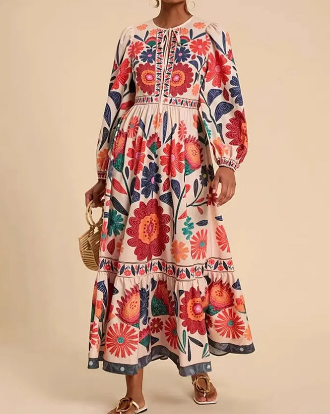 Floral Tie Waist Long Sleeve Dress