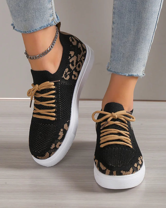 Lace-Up Leopard Flat Sneakers 