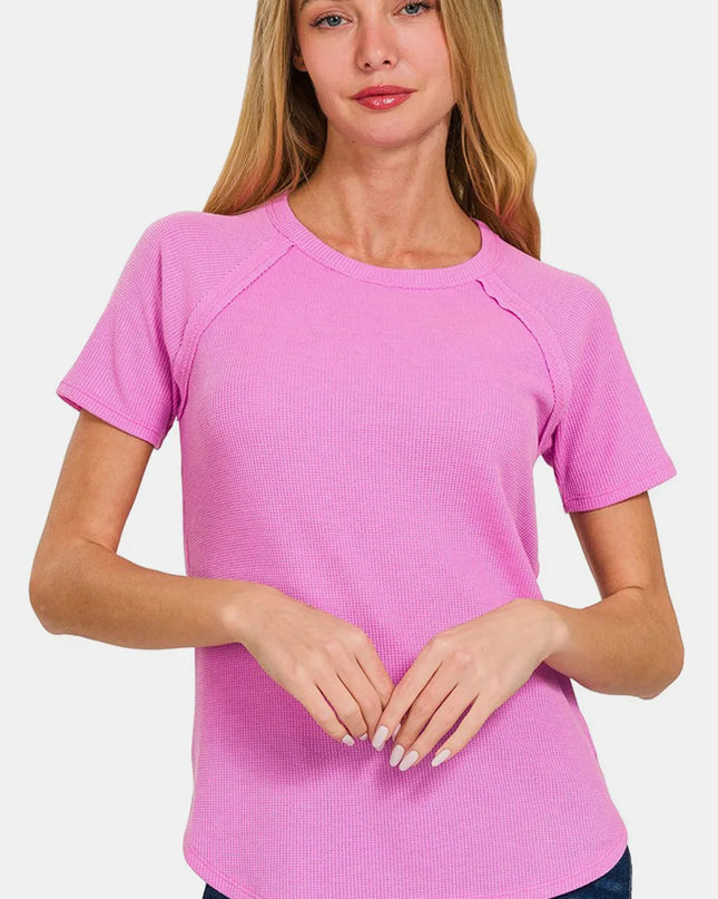 Zenana Round Neck Short Sleeve Waffle T-Shirt BRIGHT MAUVE