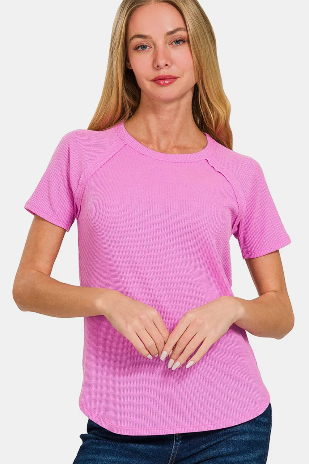 Zenana Round Neck Short Sleeve Waffle T-Shirt BRIGHT MAUVE