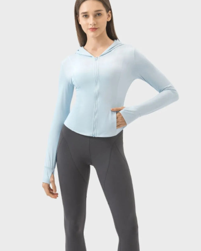 Millennia Pocketed Zip Up Hooded Long Sleeve Active Outerwear Light Blue