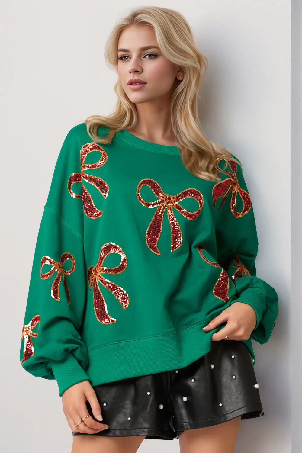 Double Take Christmas Bow Sequin Round Neck Dropped Shoulder Sweatshirt Dark Green