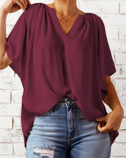 Gathered Detail Notched Neck Flutter Sleeve Top 