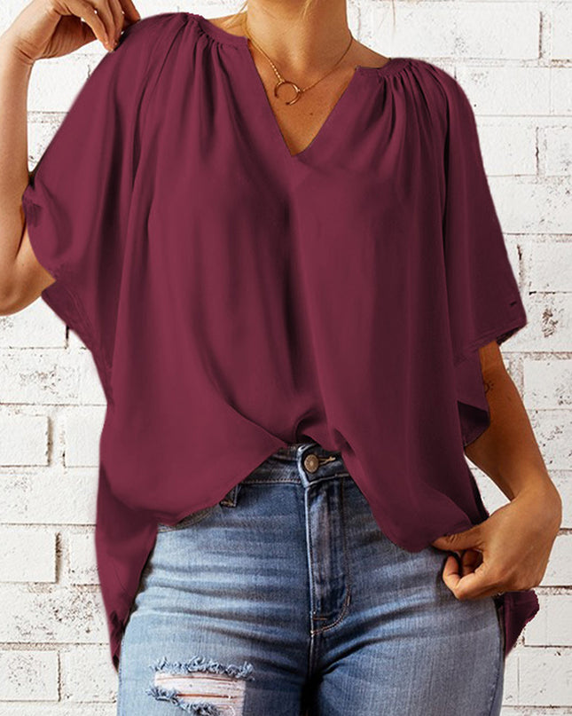 Gathered Detail Notched Neck Flutter Sleeve Top 