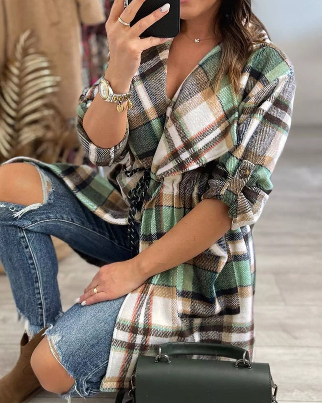 Oversized Drawstring Plaid Button Front Shirt