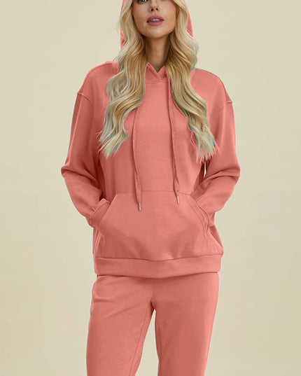 Basic Bae Full Size Air Scuba Drawstring Long Sleeve Hoodie with Kangaroo Pocket Coral