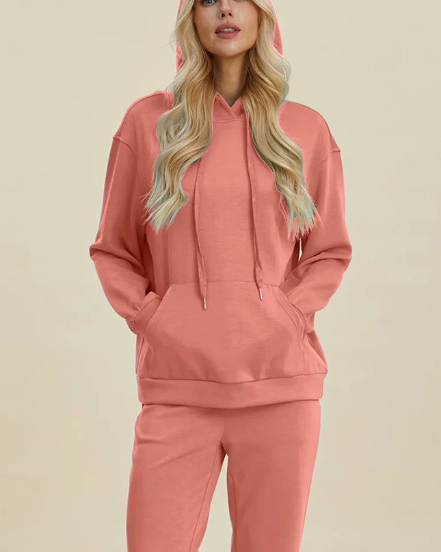 Basic Bae Full Size Air Scuba Drawstring Long Sleeve Hoodie with Kangaroo Pocket Coral