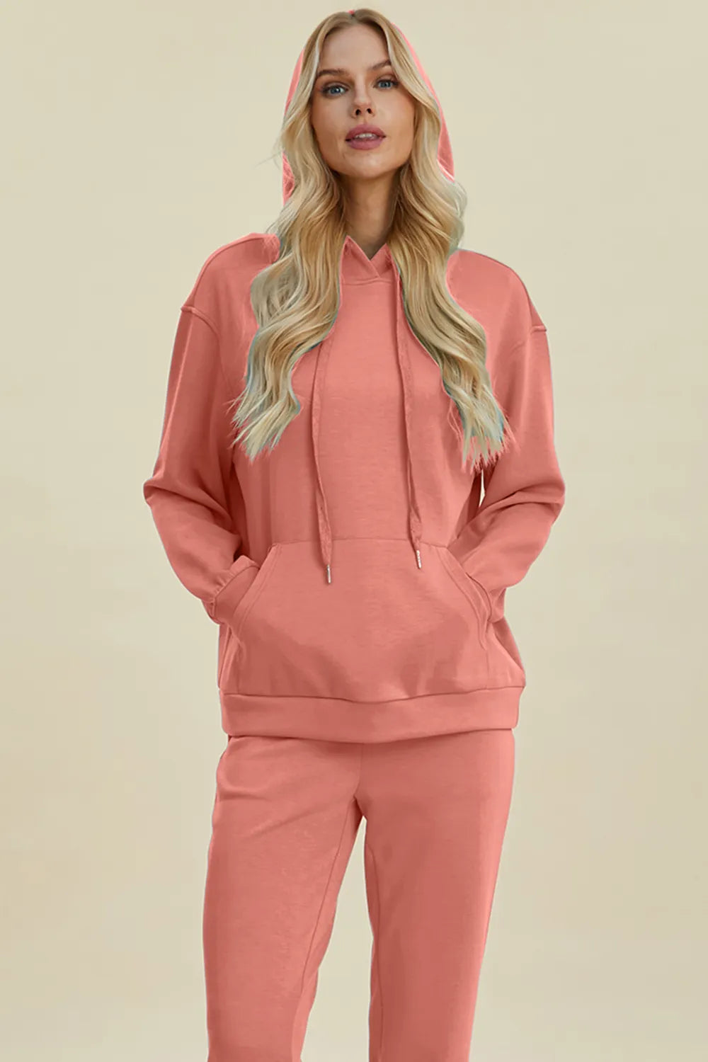 Basic Bae Full Size Air Scuba Drawstring Long Sleeve Hoodie with Kangaroo Pocket Coral