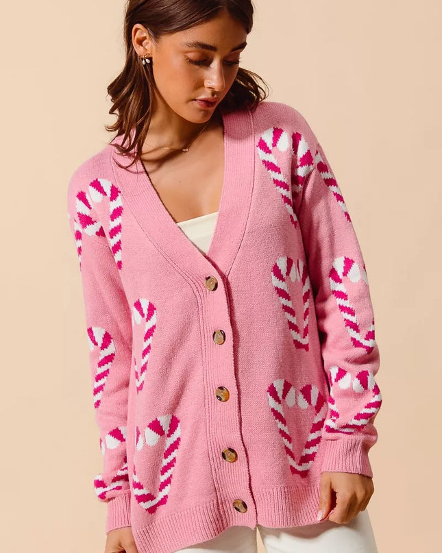 SO ME Christmas Candy Cane Button Front Sweater Cardigan