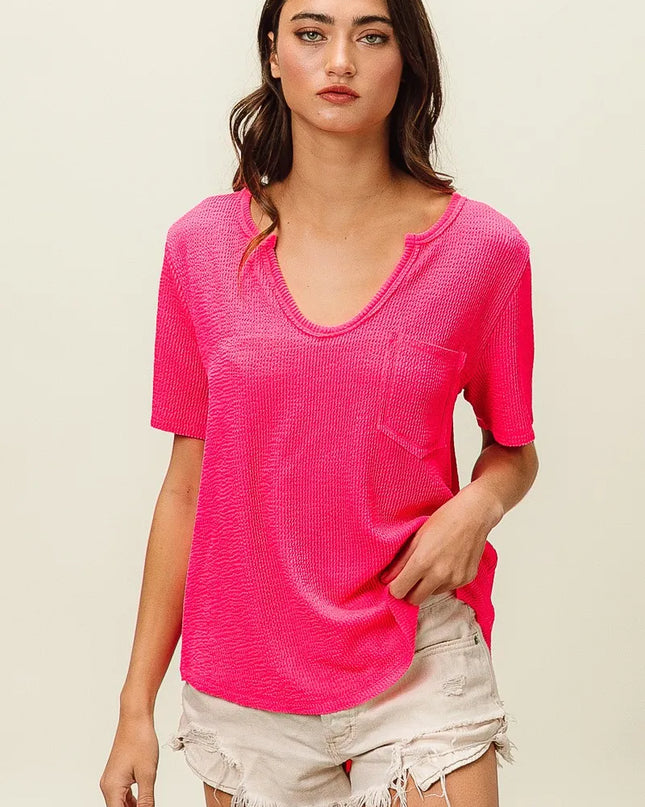 BiBi Waved Rib U Neck Top With Front Pocket